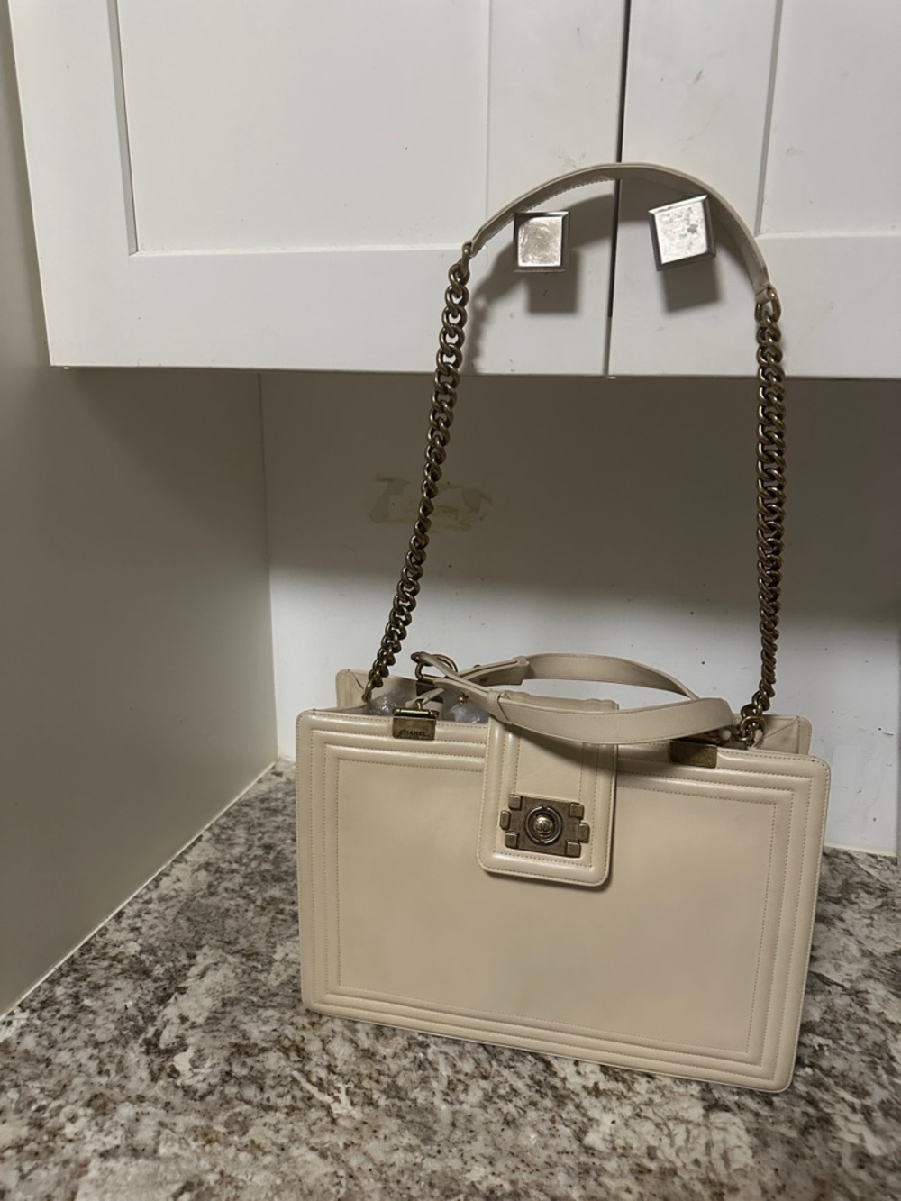 CHANEL Cream Leather Satchel with Gold-Tone Hardware and Top Handle - Picture 10 of 16